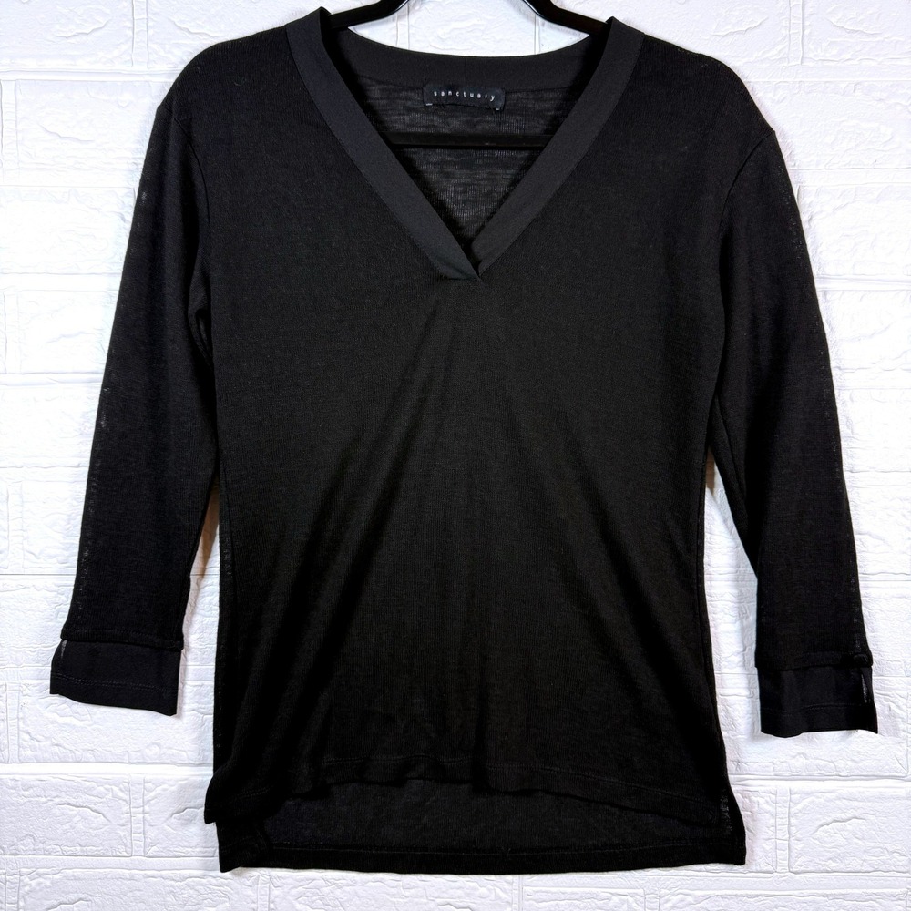 Sanctuary V-Neck Top Women Small Black Satin Trim 3/4 Sleeve High Low Hem